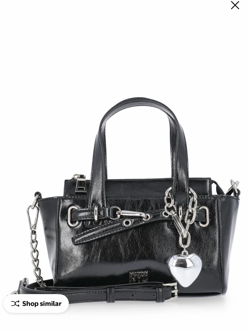 Black Leather Top-Handle Bag with Heart Charm
